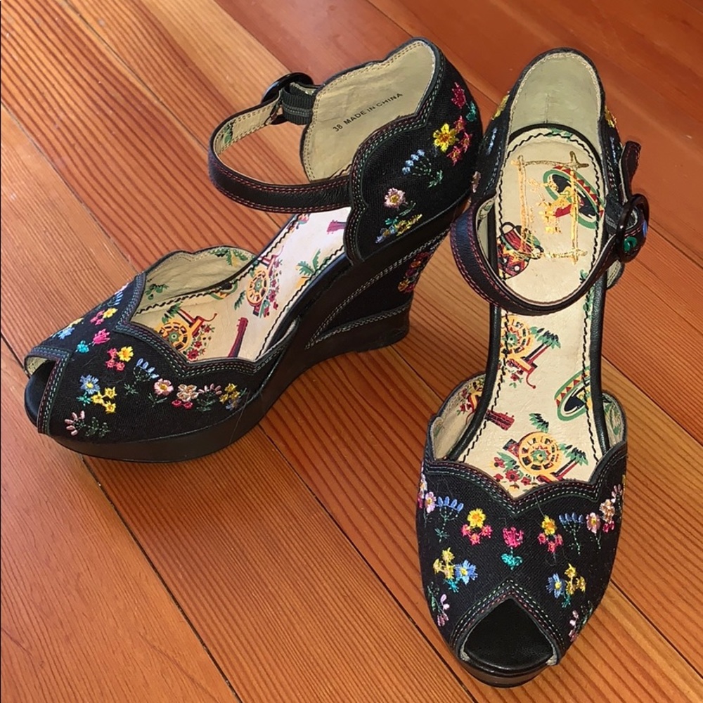Anthropologie embroidered platform wedges